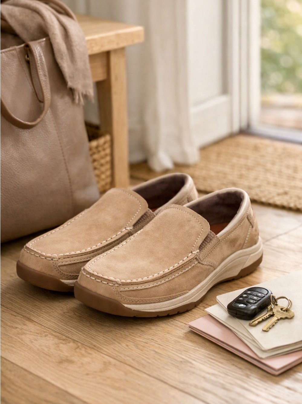 Rockport Works Women’s Steel‑Toe Loafers — Tan Suede - size 6